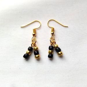 Black and Gold Glass Seed Beaded Dangle Hook Earrings Handmade Simple Dainty